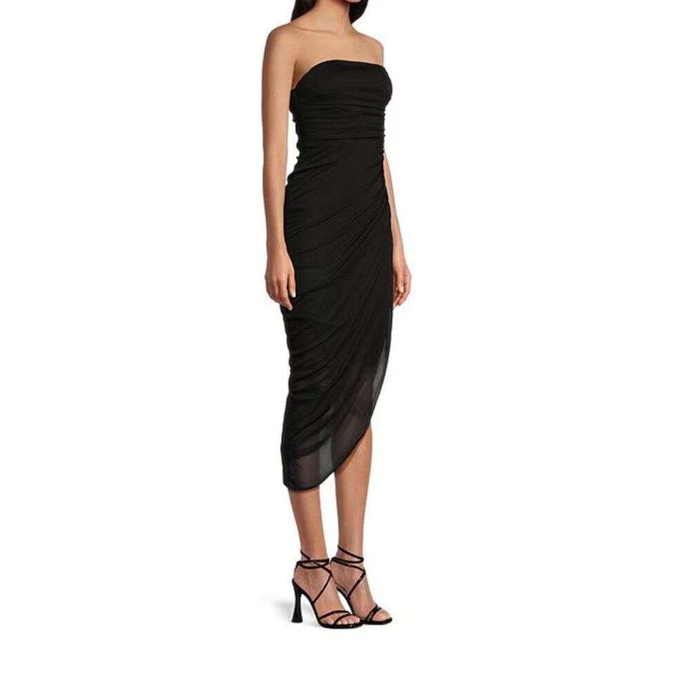 Large Strapless Shirred Midi Black Dress